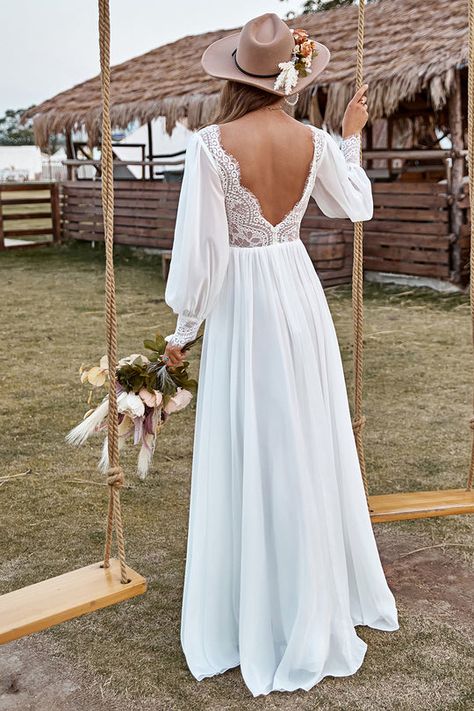 Elegant Boho Wedding Dress Long Sleeve, Country Dress Wedding, Rustic Boho Dress, Wedding Dresses Comfortable, Loose Long Sleeve Wedding Dress, Boho Summer Wedding Dress, Boho Wedding Dress With Sleeves Bohemian, February Wedding Dress, Simple Western Wedding Dress