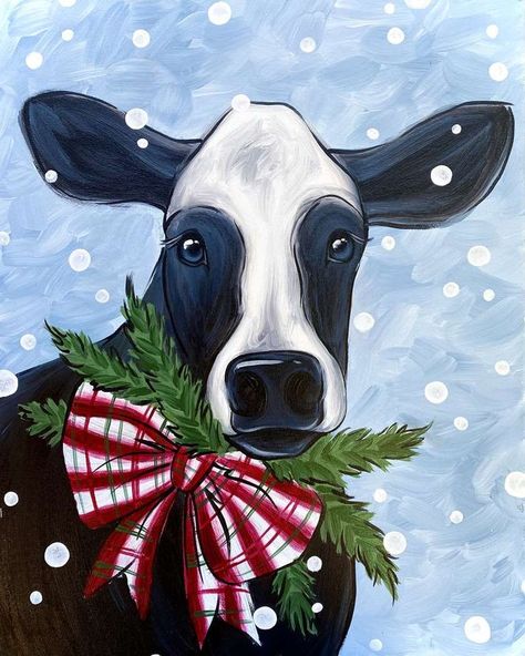 Join us to paint this adorable holiday cow! Wine And Paint Night, Pinots Palette, Holiday Canvas, Christmas Horses, Acrylic Art Projects, Holiday Painting, Cow Painting, Christmas Canvas, Rock Painting Ideas Easy