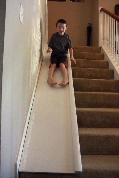 Amazing and SO FUN! Add a slide to your stairs. Fun for the kids, plus it's easily removable for when you need the full width of the stairs to move furniture, or to move it to a new house! Tutorial from DecorAllure on http://Remodelaholic.com Diy Stair Slide, Stair Slide, Diy Slides, Basement Stairs, Stair Case, Diy Stairs, Stairs Design, Basement Remodeling, My Dream Home