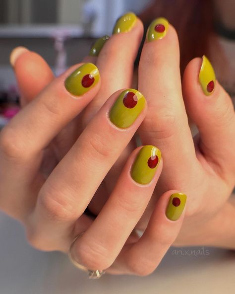 🫒 Olive nails for @trisssmery inspired by @the_gelologist Veggie Nail Art, Cool Short Nails Design, Olives Nails, Nails Fruit Design, Olive Nails Design, Veggie Nails, Funny Nail Designs, Olive Nail Art, Fun Simple Nails