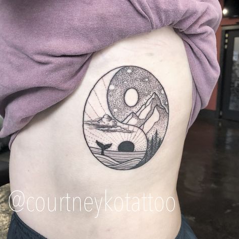 Ying Yang Mountain Ocean Tattoo, Ocean Scene Tattoo, Unique Ying Yang Tattoo, Ying Yang Tattoo, Scene Tattoo, Food Tattoos, Sea Tattoo, Yin Yang Tattoos, Forest Tattoos