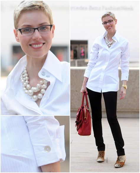 I love the simplicity of this outfit and I must buy myself some large (fake) pearls some day... Shirt With Pearls, Perfect White Shirt, White Shirt Outfits, White Blouses, Classic White Shirt, Moda Vintage, 가을 패션, Fashion Over 50, 50 Fashion