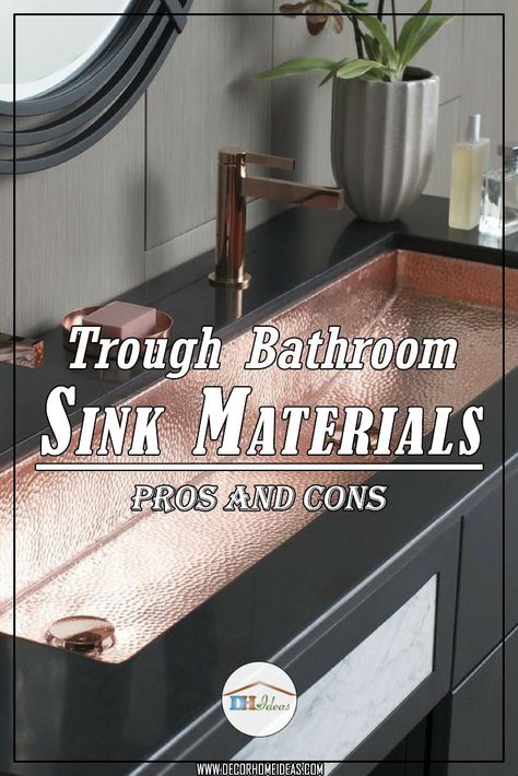 Trough bathroom sink materials pros and cons #troughsink #bathroomsink #bathroom #sink #sinkmaterial #decorhomeideas Trough Sink Master Bath, Trough Sink Bathroom Vanity, Bedroom Barn Door Ideas, Bathroom Trough Sink Two Faucets, Trough Sink Bathroom Double, Trough Sink With 2 Faucets, Drop In Trough Sink Bathroom Double, Double Trough Sink, Trough Sink Bathroom