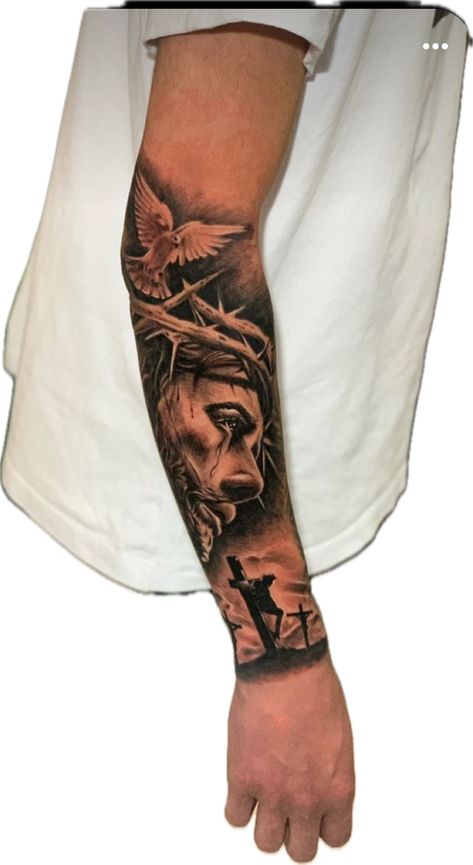 All Around Arm Tattoo, Religious Tattoos Sleeve, Jesus Carrying The Cross Tattoo, Men’s Christian Tattoos, Men Arm Tattoos Sleeve, Jesus Arm Tattoo, Coverup Tattoo Design For Man, God Tattoos For Men, Jesus Forearm Tattoo