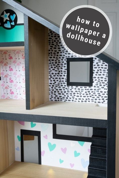 Learn how to wallpaper a dollhouse using beautiful but inexpensive methods, including scrapbook paper and adhesive vinyl, as well as my do's and don'ts for application! Redo Doll House, Dollhouse Wallpaper Diy, How To Paint A Doll House, How To Wallpaper A Dollhouse, Doll House Wallpaper Diy, Dollhouse Makeover For Boys, Redoing Dollhouse, Dollhouse Wallpaper Ideas, Kidcraft Dollhouse Makeover Diy