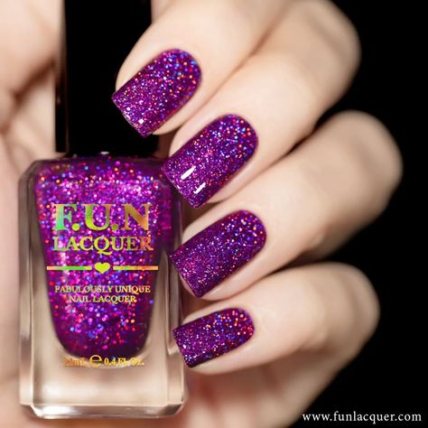 First Date is a vibrant and illuminating purple holo micro glitter. Jam packed with 100% pure holographic glitter in clear base. Holographic Glitter Nails, Fun Lacquer, Purple Glitter Nails, Glitter Nail Polish, Glitter Nail, F U, Holographic Glitter, Nail Paint, Types Of Nails