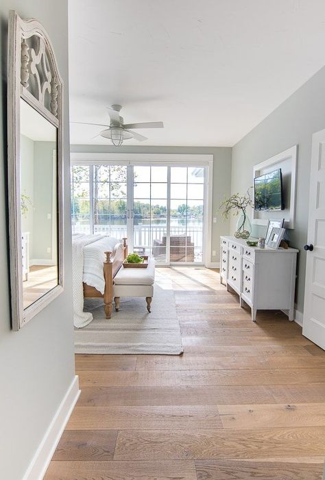 White Plank Walls, Lake House Master, Infant Nursery, Blue Grey Walls, White Crib, Oak Cabinet, Design Seeds, Bedroom Flooring, Baby Crib