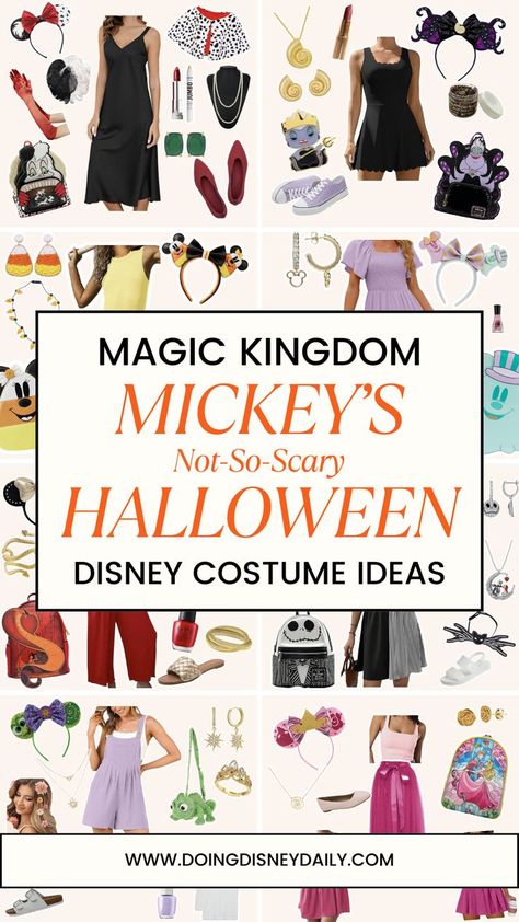 collage of 8 different Disney Halloween Costume ideas for women going to Mickey's Not-So-Scary Halloween Party; including Disney characters like Cruella De Vil, Ursula, Minnie Mouse, Jafar, Jack Skellington, Rapunzel and Princess Aurora. Disney Costumes Diy Womens, Disney T Shirt Costumes, Disney Halloween Ideas, Simple Disney Halloween Costumes, What To Wear To Mickeys Not So Scary Halloween Party, Costume From Closet, Disneybound Outfits Halloween, Halloween Disney Bounding, Mnsshp Costume Ideas Women