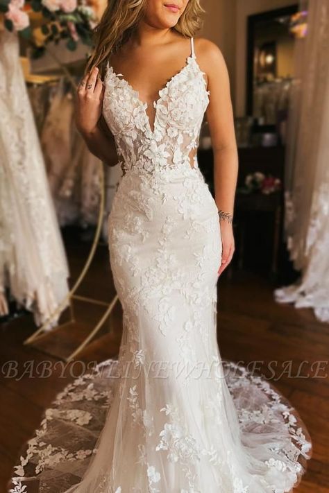 V-neck Lace Mermaid White Elegent Wedding Dresses | Babyonlinewholesale Wedding Dresses Low V Neck, Mermaid V Neck Wedding Dress, Wedding Dresses For Barn Wedding, Western Mermaid Wedding Dress, Wedding Dresses Lace Tight, Wedding Dresses Trumpet Fit And Flair, Wedding Dress Tight Fitted, Sparkly Fitted Wedding Dress, Wedding Dresses Without Sleeves