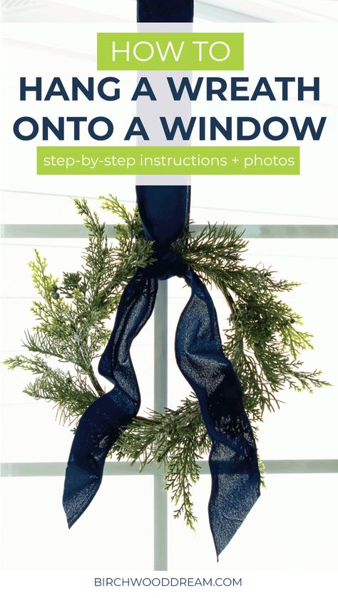 How to Hang a Wreath onto a Window with Ribbon Window Wreaths Indoor, How To Hang Wreaths On Windows, Wreaths For Windows, Christmas Wreaths For Windows, Wreath Window, Outdoor Christmas Wreaths, Classy Christmas Decor, Wreath Inside, Window Wreath