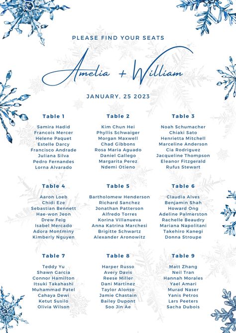 Set "Wedding snowflakes" #blue #white #navy #aesthetic #simple #wedding #watercolor #minimalist #chart #list #table #marriage #seatingchart #snowflake #winter #season #weddingsnowflakes #winterwedding #seatingplan #weddingseatingchart Winter Seating Chart, Navy Aesthetic, Wedding Seating Chart Template, Table Seating Chart, Snowflake Wedding, Wedding Watercolor, Seating Chart Template, Chart Template, Seating Plan