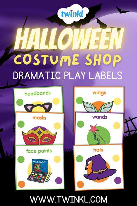 When creating a Halloween themed dramatic play area in your classroom, use Twinkl's Halloween Dramatic Play Labels to label pretend toys, clothes, tools, and materials. The labels help students organize materials while building print awareness and vocabulary skills. Halloween Dramatic Play, Print Awareness, New Halloween Costumes, Dramatic Play Area, Halloween Costume Shop, Student Organization, Dramatic Play, Costume Shop, Student Encouragement