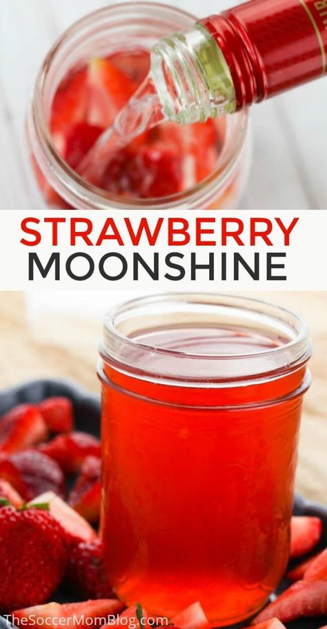 This Homemade Strawberry Moonshine recipe is the perfect drink for a backyard party! Click for easy photo directions to make strawberry infused liquor. 21+ Strawberry Moonshine Recipe, Strawberry Moonshine, Flavored Moonshine Recipes, Moonshine Drink Recipes, Homemade Moonshine, Moonshine Recipe, Infused Liquors, Strawberry Cocktails, Homemade Alcohol