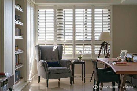 Woodlore® Shutters in the study room. Custom Shutters, Wood Shutters, Study Rooms, The Study, Study Room, Window Coverings, Shutters, Design Details, Your Perfect