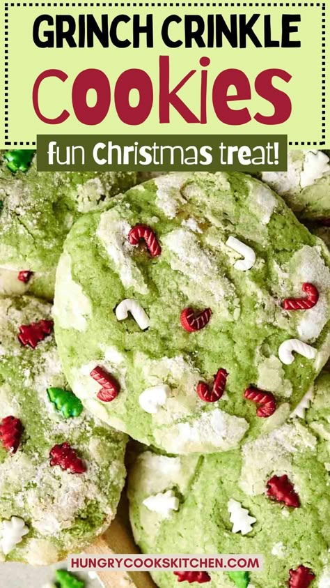 Christmas Desserts Grinch, Grinch Crinkle Cookies, Healthy Christmas Desserts, Christmas Dessert Table, Cookies For Christmas, Christmas Cookie Recipe, Christmas Desserts Easy, Christmas Recipes Easy, Christmas Cookies Easy