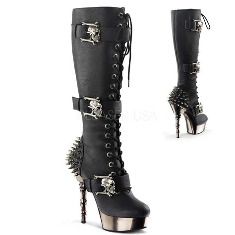 Pleaser Demonia MUERTO-2028 - Black Pu Pewter Chrome - 5 1/2`` Finger Bone Heel, 1 1/2`` Platform Lace Up Knee High Boot Lace Up Knee High Boot Featuring Spiked Studding On Back Of Ankle, Side ZipFit Guide: TRUE TO SIZE in Gothic Boots $140 Skull Heels, Demonia Boots, Black Knee Boots, Gothic Boots, Demonia Shoes, Gothic Shoes, High Heeled Boots, Punk Boots, High Heel Boots Knee