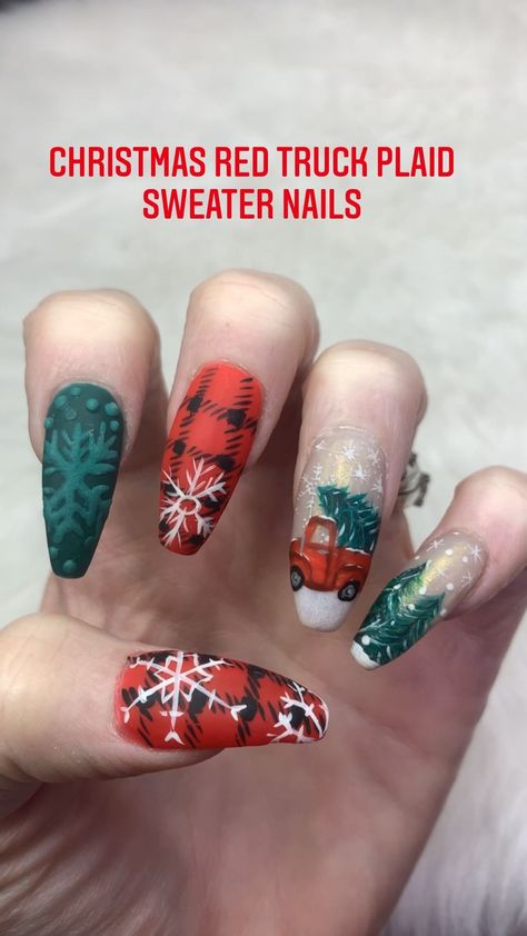 Christmas Truck Nails, Red Truck Nails, Red Truck Christmas Nails, Truck Nails Designs, Green Plaid Christmas Nails, Truck Nails, Red Truck Christmas Tree Cross Stitch Pattern, Red Truck Christmas Tumbler, Christmas Tree Nails