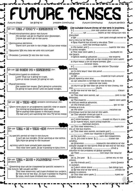 Future Tense Review - English ESL Worksheets for distance learning and physical classrooms Esl Future Tense Worksheets, Esl Teaching Resources, Future Tense, Perfect Tense, Teaching English Grammar, English Grammar Worksheets, Visual Thinking, Learn English Grammar, Future Perfect