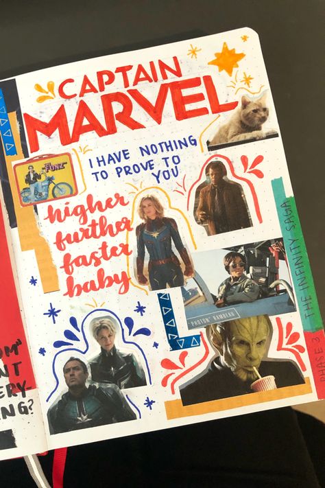 captain marvel page in my mcu journal Marvel Scrapbook, Marvel Journal, Harry Potter Scrapbook, Marvel Books, Marvel Images, Journal Inspo, Ms Marvel, Journal Aesthetic, Journal Page