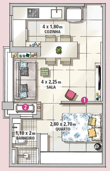 Espaço de sobra no apê de apenas 38 m² | CASA.COM.BR Apartment Design Layout, Exterior Apartment, Small Apartment Layout, Studio Apartment Floor Plans, Apartemen Studio, Small House Floor Plans, Apartment Floor Plans, Tiny House Floor Plans, House Layout Plans