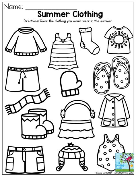 Summer Clothing- Color the items that you would wear in the summer. Summer Review NO PREP Packet for Preschool! Summer Clothing Activities For Preschool, Season Matching Worksheet, Summer Clothes Crafts Preschool, Theme Summer Preschool, Summer Season Crafts Preschool, Summer Clothes Preschool Activities, Summer Theme For Preschool, Four Season Activities For Preschool, Summer Preschool Worksheets