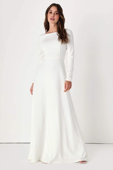 Modest Sheath Wedding Dress, Wedding Dresses For Petite Women, White Backless Maxi Dress, Long Sleeve Wedding Dress Simple, Backless Long Sleeve, Petite Wedding Dress, Temple Dress, Backless Gown, Mock Neck Sweater Dress