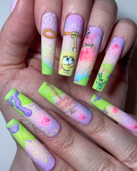 Spongebob Nail Art, Spongebob Nails, Black Acrylic Nail Designs, Cartoon Nail Designs, Fish Nails, Kawaii Nail Art, Yellow Nail Art, Black Acrylic Nails, Winter Nails Acrylic