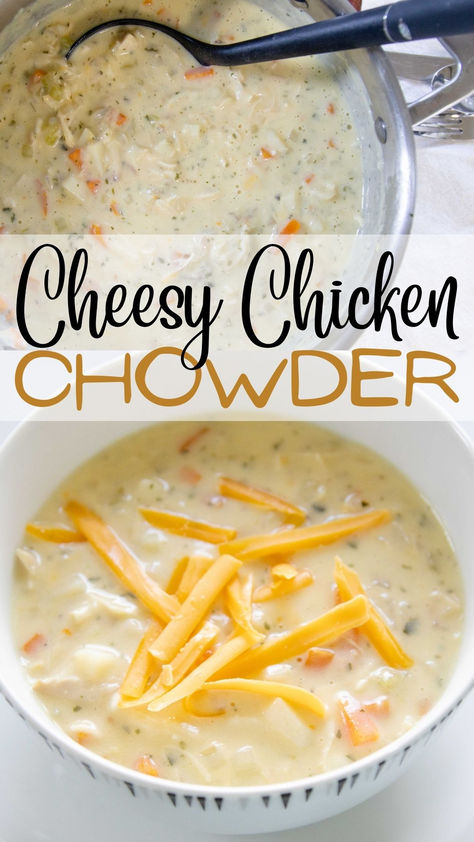 🥘Discover the perfect comfort food for chilly nights with our Cheesy Chicken Chowder. A creamy, cheesy combination of chicken and vegetables, it's similar to the beloved Cheeseburger Soup. Learn how to make this simple yet flavourful meal that your family will love. Also, find tips on how to customize it to suit your taste. Plus, there's a rundown of the necessary supplies to help you prepare this delicious dish with ease. Chicken Cheese Soup Recipes, Cheesy Chowder Soup, Cheesy Chicken Chowder Soup, Cheesy Chicken Soup Recipes, Cheesy Chicken Potato Soup, Chicken Chowder Recipes, Cheesy Soup Recipes, Chicken Chowder Soup, Creamy Chicken Chowder