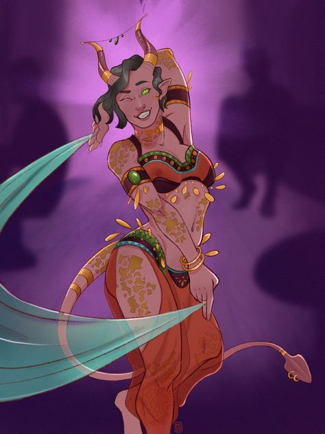 Female Tiefling Serashall Dancer Dervish Dnd Bard Female Dancer, Tiefling Dancer, Yellow Tiefling, Tiefling Bard Female, Female Tiefling, Tiefling Female, Dnd Tiefling, Tiefling Bard, Art Character Design