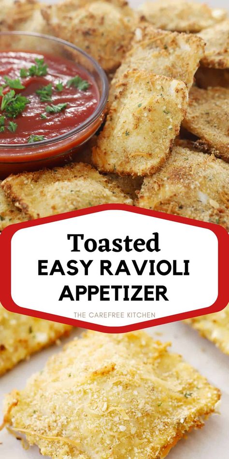 These crispy Toasted Ravioli are a St Louis classic that make the perfect easy appetizer or snack. Made from fresh or frozen raviolis, they are dunked in eggs and breadcrumbs, then baked and served with warm marinara sauce for dipping. #thecarefreekitchen #appetizer #ravioli #toastedravioli #stlouis Baked Ravioli Appetizer, Frozen Ravioli Recipes, Ravioli Appetizer, Toasted Ravioli Recipe, Fried Ravioli Recipe, Cheese Ravioli Recipe, Pizza Dipping Sauce, Baked Ravioli Recipe, Gameday Recipes