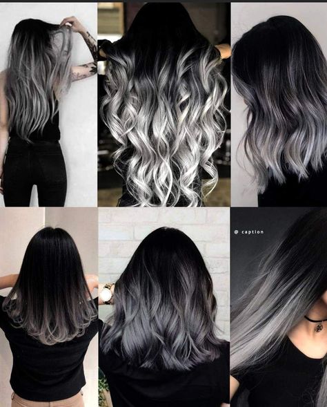 Black And White Balayage, Black Hair With Grey Balayage, Black To Grey Hair, White Ombre Hair, Black To Silver Ombre, Charcoal Hair, Silver Ombre Hair, Black And Grey Hair, Hair Dye Tips