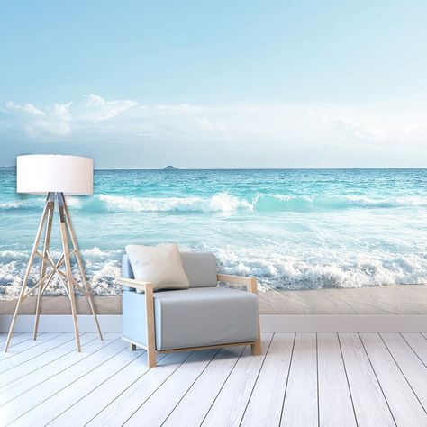 Living Room Mediterranean, 3d Wallpaper Blue, Sofa Wall, Photo Mural, Waves Wallpaper, Custom Murals, Landscape Background, Beach Wallpaper, Wallpaper Living Room