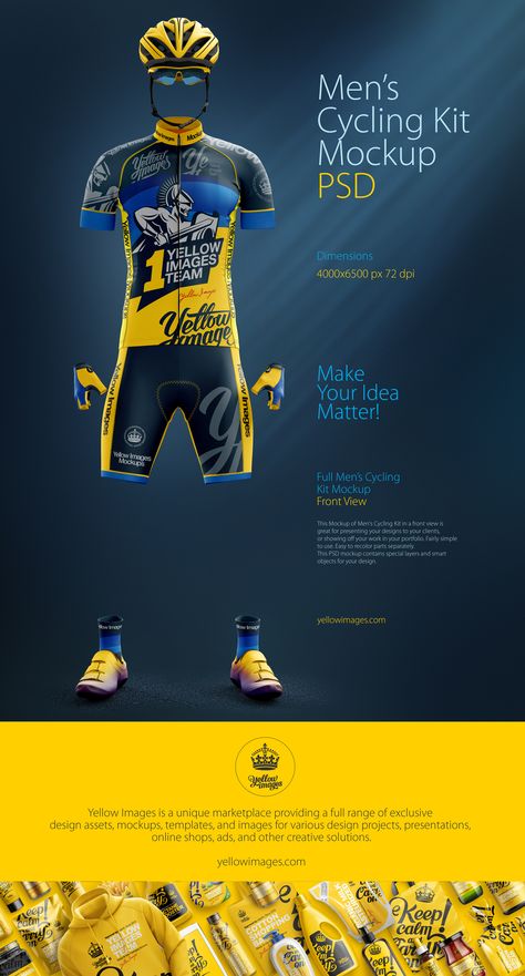 This Mockup of Men's Cycling Kit in a front view is great for presenting your designs to your clients, or showing off your work in your portfolio. Fairly simple to use. Easy to recolor parts separately. This PSD mockup contains special layers and smart ob… Cycle Jersey Design, Jersey Cycling Design, Bike Jersey Design, Cycling Kits Design, Cycling Jersey Design, Cycling Jersey Men, Jersey Mockup, Cycling Pictures, Cycling Suit