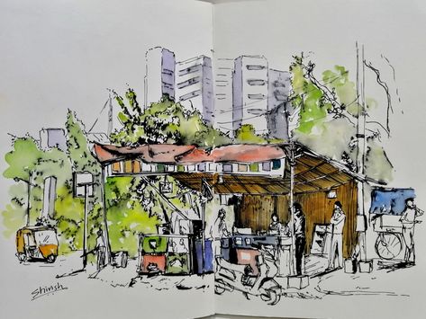 A small tea stall near my office. On-location sketch done using a  Fude pen and watercolor on sketchbook paper. Tea Stall Sketch, Location Sketch, Tea Stall, Acrylic Portrait Painting, Acrylic Portrait, Art Assignments, Cute Makeup Looks, Pen And Watercolor, My Office