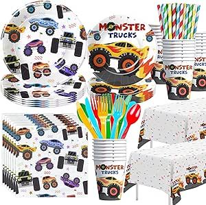 Monster Truck Bday Party, Monster Truck Party Decorations, Monster Truck Birthday Party, 4th Birthday Boys, Truck Theme Birthday, Monster Truck Theme, Party Cutlery, Party Monster, Truck Birthday Party