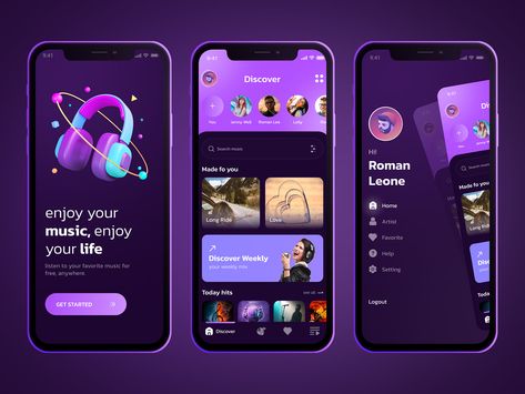 Music social app on Behance Music Streaming Website Design, Gaming Ui Design, Music Ui Design, Music App Ui Design, Social Media App Design, Game App Design, Creative App Design, Music Ui, Spotify Stats