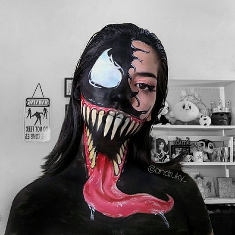 Venom Makeup Halloween, Venom Makeup Female, Venom Costume Female, Venom Halloween Makeup, Venom Face Paint, Venom Makeup, Venom Cosplay, Venom Costume, Special Fx Makeup