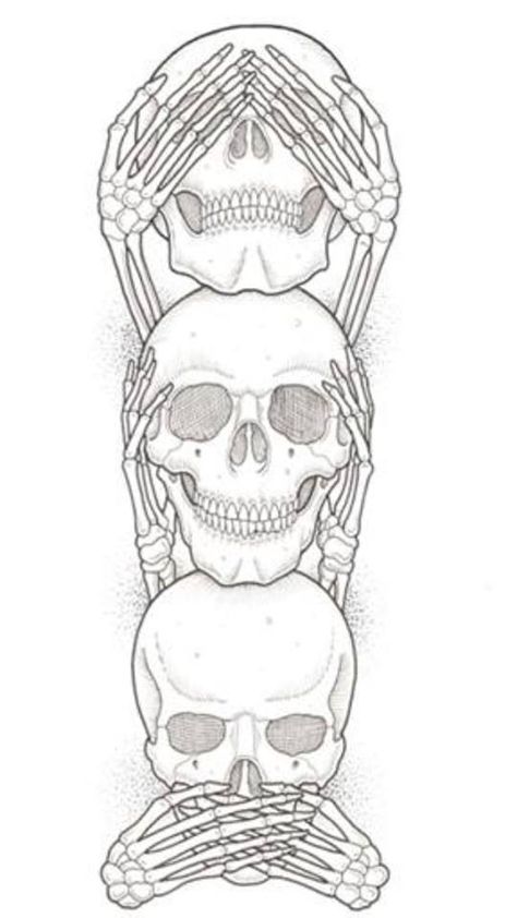 Cat Skull Tattoo, No Evil Tattoo, Evil Skull Tattoo, Evil Tattoo, Skull Coloring Pages, Skeleton Tattoos, Hear No Evil, Speak No Evil, Skulls Drawing