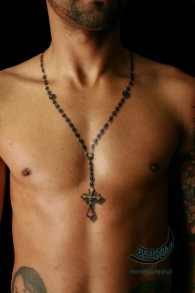 Rosary chest tattoo Rosary Tattoo For Men Chest, Rosary Neck Tattoo, Rosary Necklace Tattoo, Rosary Chest Tattoo, Chest Sleeve Tattoo, Chest Cross Tattoo For Men, Cross Chest Tattoo Men, Cross Tattoo Chest, Cross Chest Tattoo