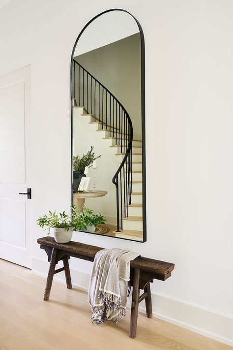 Floor Mirror With Bench, Stairs Decor, Hall Mirrors, Floor Length Mirror, Hallway Mirror, Entryway Mirror, Mirror On The Wall, Arch Mirror, Metal Floor