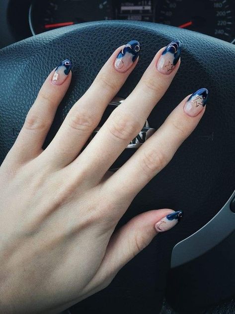 Nails With Symbols, Blue Nails With Gold Stars, Moon Sun Nails, Moon And Star Nails Acrylic, Moon Stars Nails, Nails Moon And Stars, Stars And Moon Nails, Sun And Moon Nail Art, Star And Moon Nails