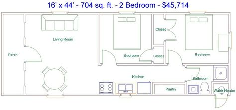 16x44 cabin floor plan 14x40 Cabin Floor Plans, Lofted Barn Cabin, Mobile Home Floor Plans, Shed Cabin, Modern Courtyard, Portable Buildings, Cabin Floor, 2 Bedroom House Plans, Courtyard House Plans