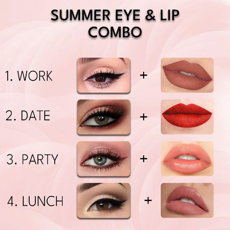 ✨ Summer Vibes with Our Eye & Lip Combos! ✨ Get ready for any occasion with our perfect summer eye and lip combos: 👩‍💼 Work: Keep it professional with a subtle nude lip and soft brown eyeshadow. 💖 Date: Turn heads with a flirty red lip and romantic shimmer eyeshadow. 🎉 Party: Go bold with a nude glossy lip and glittery gold eyeshadow. 🥗 Lunch: Stay fresh with a peachy lip and light, natural eyeshadow. Whatever your plans, we've got you covered! #Moraze #WeCare #SummerMakeup #EyeAndLipCom... Soft Brown Eyeshadow, Peachy Lips, Peachy Lip, Lip Combos, Summer Eyes, It Professional, Natural Eyeshadow, Gold Eyeshadow, Nude Eyeshadow