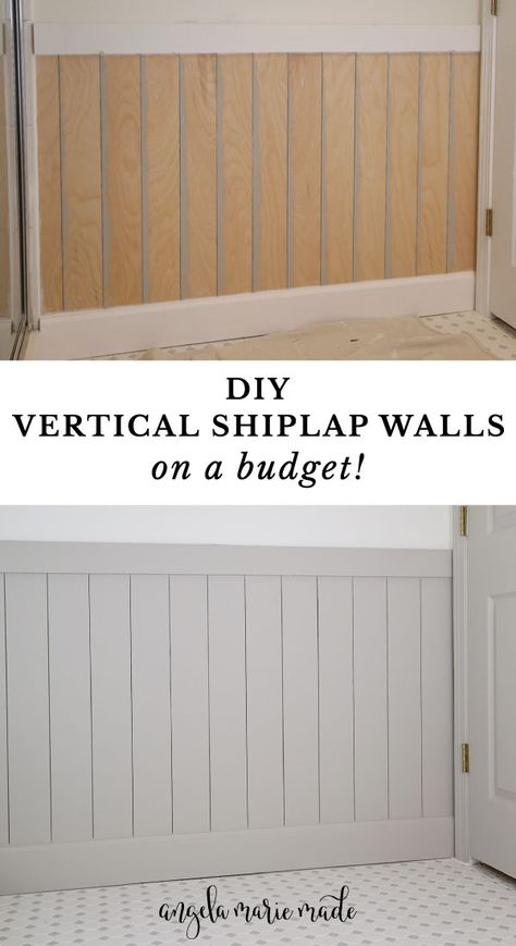 Learn how to install vertical shiplap on your wall! This method for vertical shiplap walls is cheap and easy! DIY vertical shiplap is perfect for adding character to a space! We used a vertical shiplap half wall for our bathroom makeover! How To Put Shiplap On A Wall, Shiplap Projects Diy, Half Wall Board And Batten Bathroom, Shiplap Half Wall Basement, Diy Bathroom Shiplap Wall, Shiplap Half Wall Kitchen, Bathroom With Shiplap Half Wall, Vertical Wood Accent Wall Bathroom, Wall Paneling For Bathroom