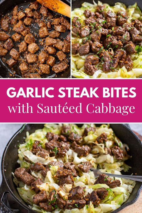 Garlic Butter Steak Bites With Sautéed Cabbage Steak Bites With Garlic Butter, Healthy Steak Recipes, Sautéed Cabbage, Cabbage Steaks Recipe, Garlic Butter Steak Bites, Butter Steak Bites, Steak Dinner Recipes, Steak Bites Recipe, Garlic Steak