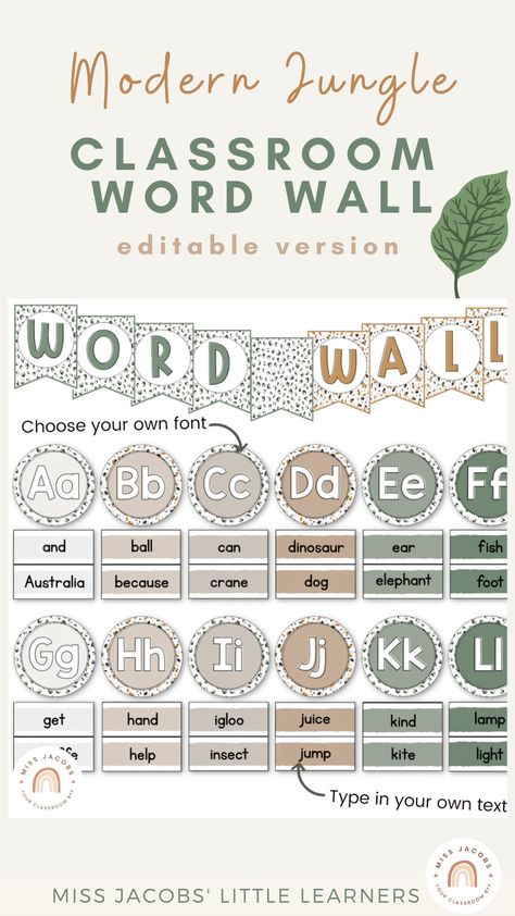 Create your own customisable Word Wall with this stunning Modern Jungle classroom decor theme. Designed using a jungle leafy green and neutral colour palette, this resource is EDITABLE which means you can choose your own font to suit your classroom and simply type in the words that suit your classroom needs. I have also included Aussie State Font versions including Vic Modern Cursive, QLD Beginners, NSW Foundation and SA Beginners fonts. Classroom Colour Palette, Classroom Decor Jungle Theme, Modern Greenery Classroom Decor, Simply Boho Classroom Decor, Boho Plant Themed Classroom, Boho Plant Classroom Decor, Sage Green Classroom, Green Classroom Theme, Dinosaur Classroom Theme Decor