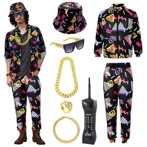 PRICES MAY VARY. 【Hip Hop Accessories Set】: This 80s 90s outfit includes a jacket, a sweatpant, a dollar sign gold ring, a gold bracelet, a gold necklace, a pair of sunglasses, a hat and a inflatable mobile phone. It can meet the needs of hip hop and rocker cosplay lovers for accessories, perfectly create a classic and chic hip hop and rocker style, making you stand out from the crowd. 【Comfortable Premium Material】: The 80s 90s tracksuits and rapper hat are made of premium polyester material, w Rocker Party, Rapper Hat, Hip Hop Style Outfits, 90s Tracksuit, 80s Fancy Dress, Hip Hop Accessories, Hip Hop Costumes, Hip Hop Jacket, 80s Disco