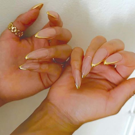 SINHOT French Tip Press on Nails Long Stiletto Fake Nails Gold Glitter Acrylic Nails Glossy Glue on Nails Stiletto Artificial Nails Stick on False Nails with Design Amazon Affiliate Paznokcie Hello Kitty, Kutek Disney, Manikur Kuku, Chrome Nails Designs, Nagel Tips, White Acrylic Nails, Almond Nails Designs, Makijaż Smokey Eye, Almond Acrylic Nails