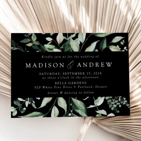 Abundant Greenery Frame Black Wedding Invitation Green Goth Wedding, Black Greenery Wedding, Modern Greenery Wedding, Black Wedding Invitation, Wedding Invitation Message, Modern Greenery, Wedding Invitation Trends, Green Invitations, Wedding Invitation Size