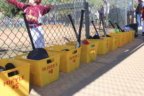 DIY baseball dugout buckets to keep the players organized! Found these at the 99 cent store and added decals made on my Cricut. Baseball Team Dugout Ideas, Organize Dugout Baseball, Softball Organization Ideas, T Ball Dugout Organization, Baseball Dugout Bins, Baseball Buckets For Dugout Team Mom, Tball Dugout Buckets, Tee Ball Dugout Organization, Softball Dugout Ideas Team Mom